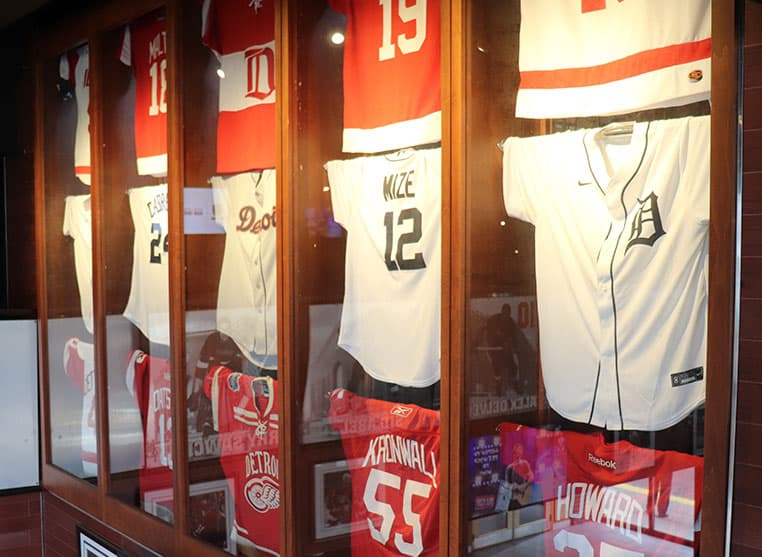 Detroit sports jerseys hanging on the wall at Hockeytown Cafe